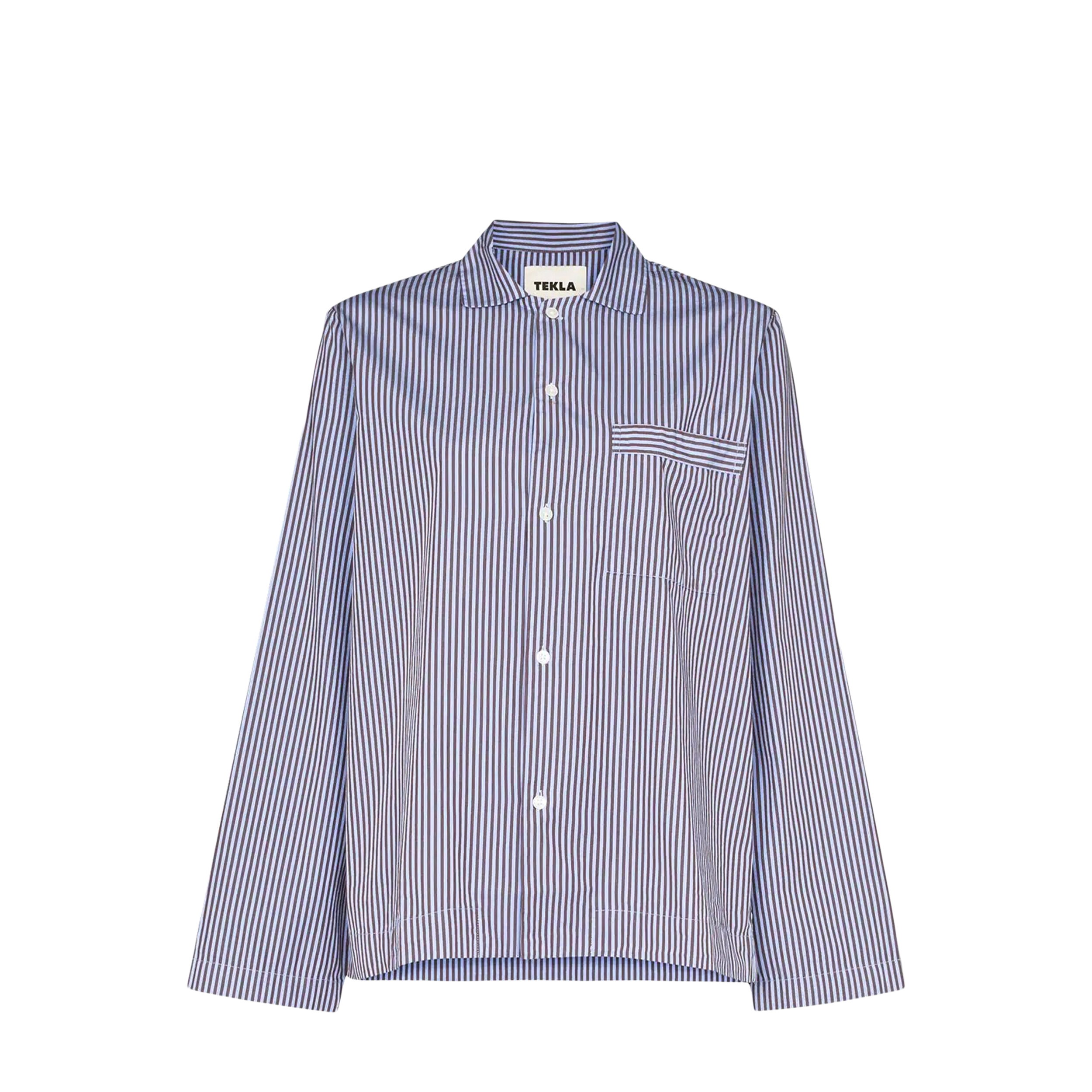 Tekla Tekla Poplin Pyjamas Shirt Blue & Brown Striped (XS)